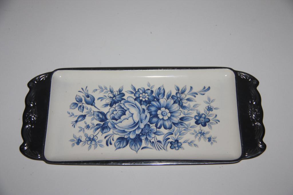 Retro stainless steel boter bordje blauw wit bloemen design, Verzenden
