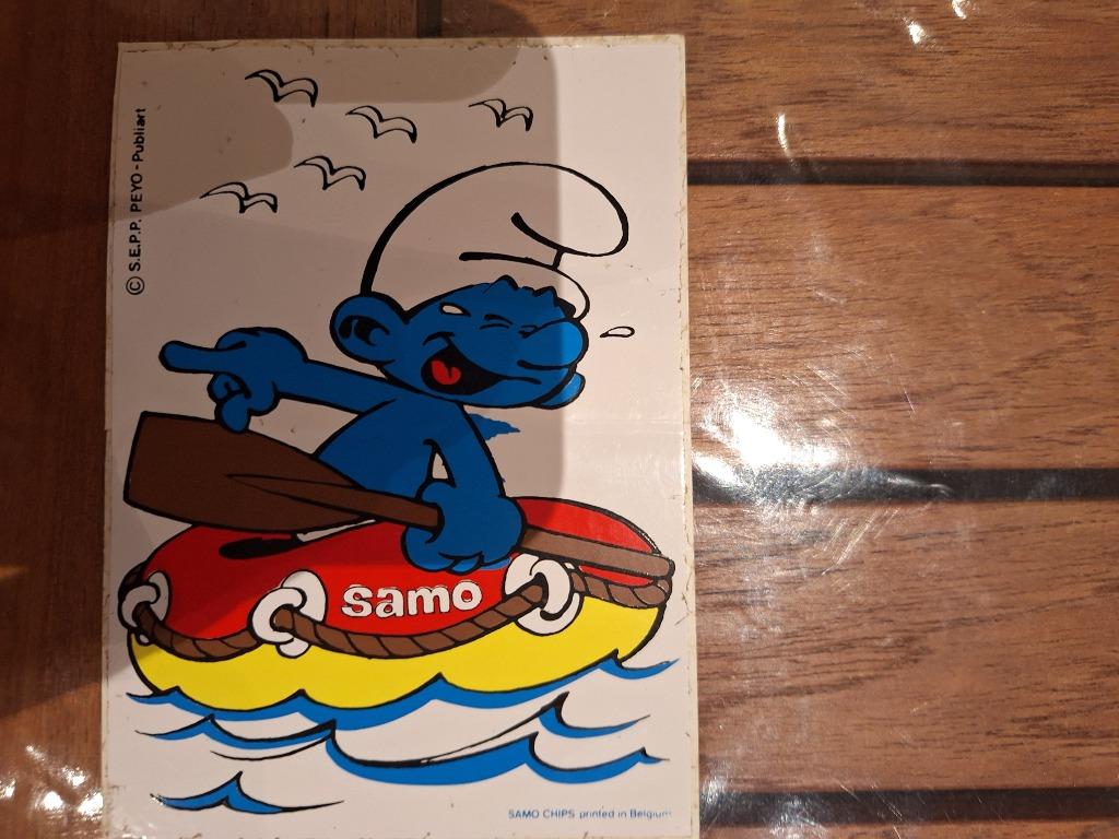Vintage sticker Smurf samo chips, Enlèvement ou Envoi, Utilisé, Bande dessinée ou Dessin animé