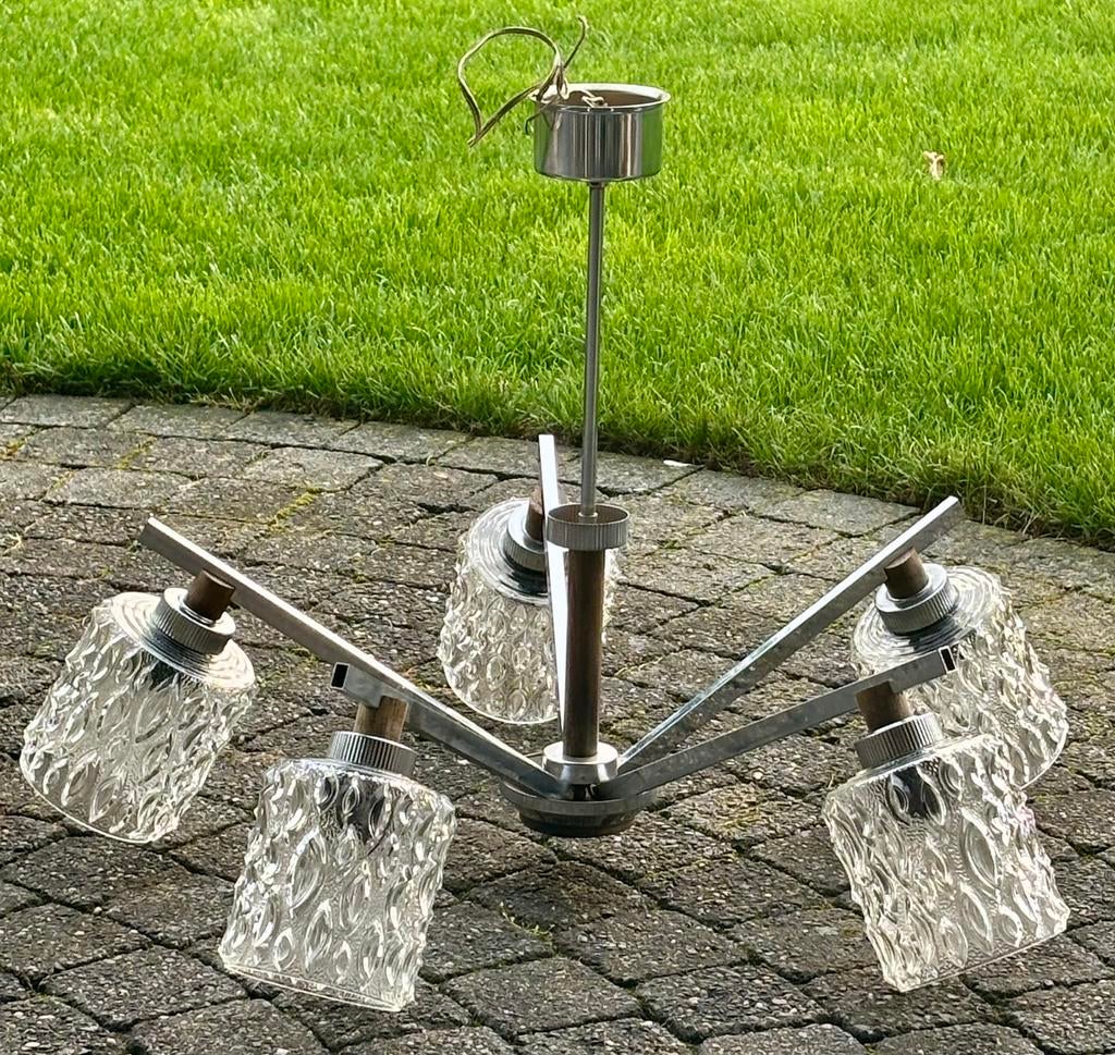 Vintage hanglamp / luster met glazen kapjes en chrome, Antiek en Kunst, Ophalen