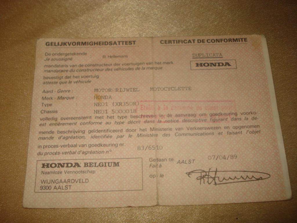 Ancien Certificat Conformité Moto Honda XR-350 R 1989, Enlèvement ou Envoi, Honda