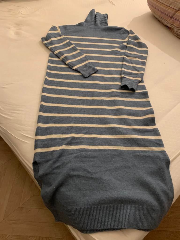 Blauw wollen jurk ecru streep medium, Ophalen of Verzenden, Zo goed als nieuw