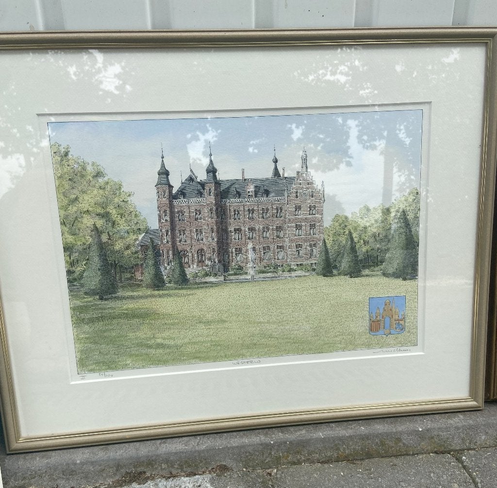 Pentekening gemeentehuis Westerlo, Antiquités & Art, Enlèvement, Dessin à la plume, Sous verre