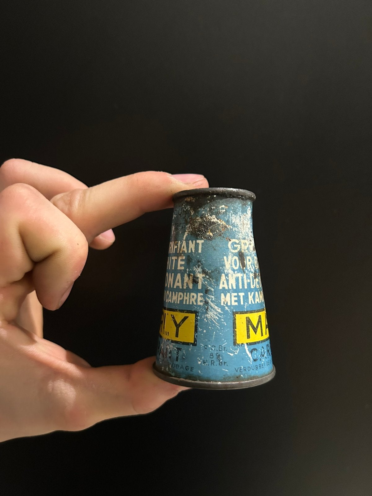 Kleine conische Marly olie blik olieblik oliekan vintage, Verzamelen, Ophalen of Verzenden, Zo goed als nieuw