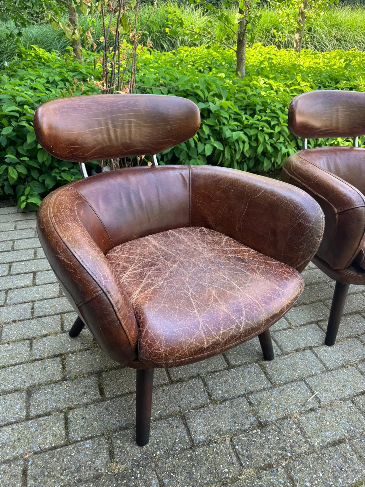 2 X Retro clubzetel vintage Italiaans leder bruin, Huis en Inrichting, Ophalen, Gebruikt, Leer
