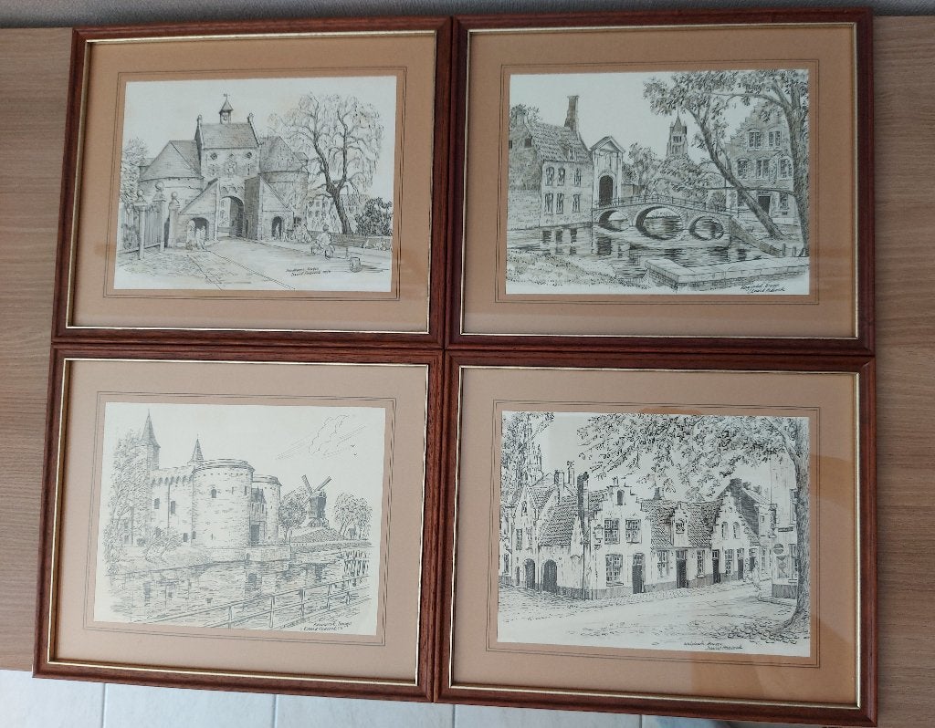 4 vintage prenten Brugge, Antiek en Kunst, Ophalen, 1950 - 1999, Overige technieken, Gesigneerd