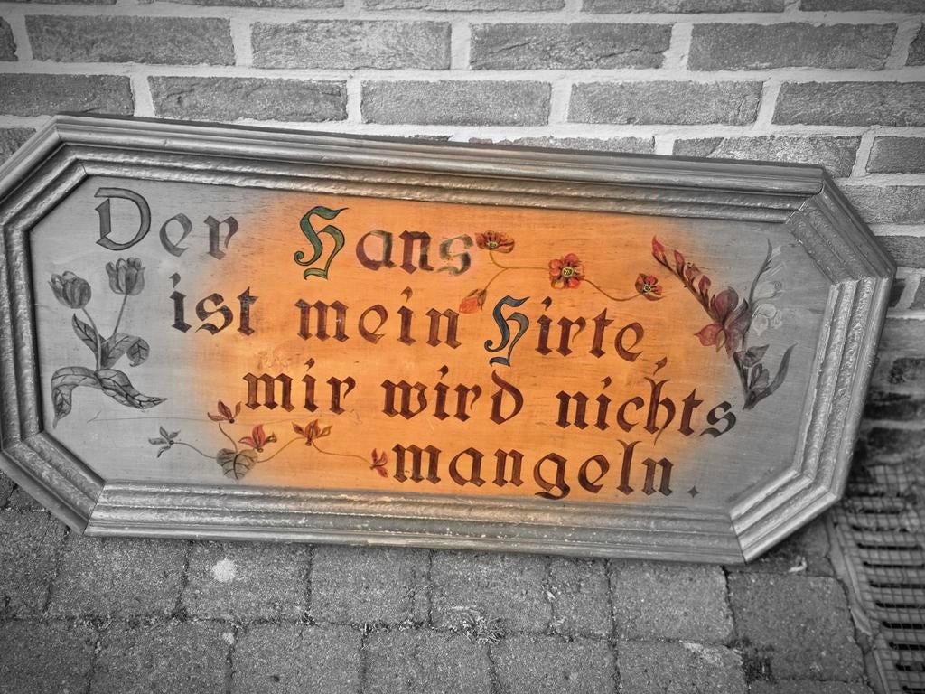 Paneel in hout met tekst komt uit Duitsland, Antiek en Kunst, Ophalen