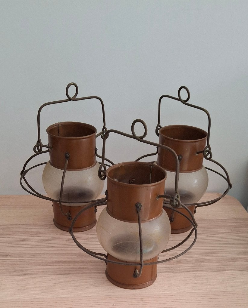 Lot de 3 lanternes de bateau en cuivre & verre – vintage, Antiquités & Art, Enlèvement, Cuivre