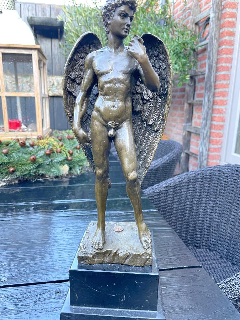 Bronzen David 39,5 cm gesigneerd/stempel zuiver groot brons, Antiquités & Art, Art | Sculptures & Bois, Statue, Brons, Enlèvement ou Envoi