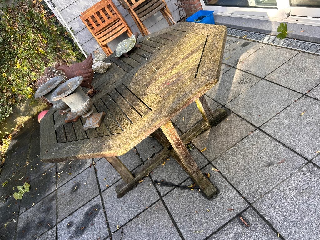Tuintafel + stoelen, Ophalen, Gebruikt, Ovaal, Hout