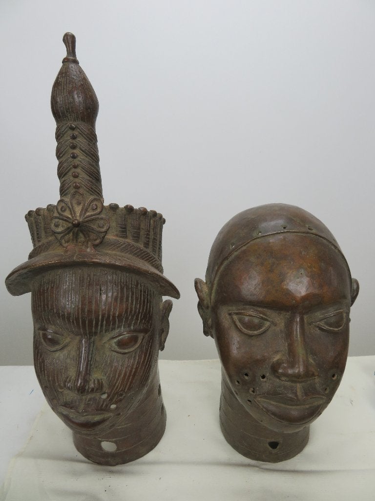 2 bronzen hoofden, Afrikaans, Benin, Ophalen, Brons