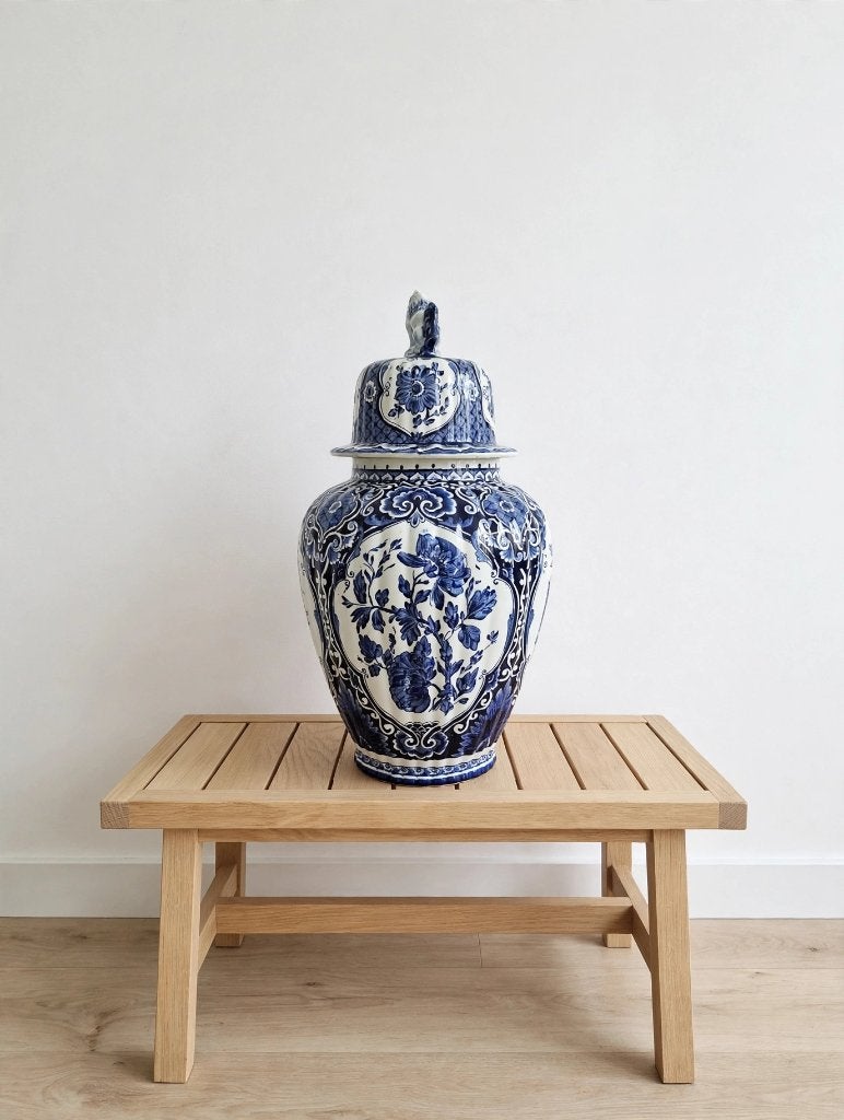 Grote vintage Delfts Blauwe dekselvaas met Leeuw - 45 cm, Ophalen
