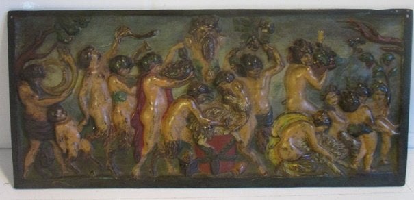 Plaque en fonte du XIXe siècle, fête du vin des satyres, Enlèvement ou Envoi
