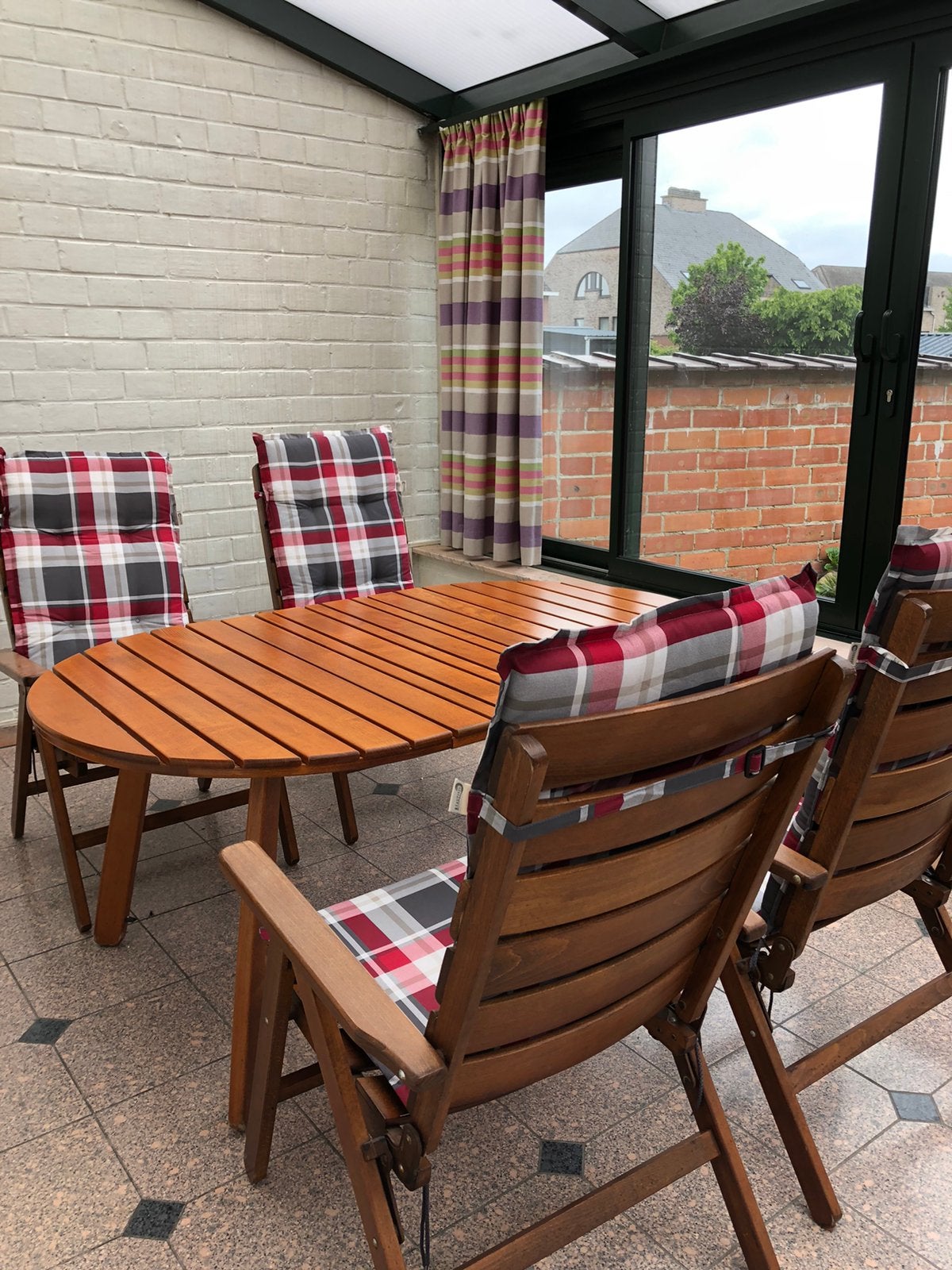 Herlag tuin- en/of verandaset, Tuin en Terras, Tuinsets en Loungesets, Gebruikt, Tuinset, Hout, 4 zitplaatsen, Bijzettafel, Eettafel