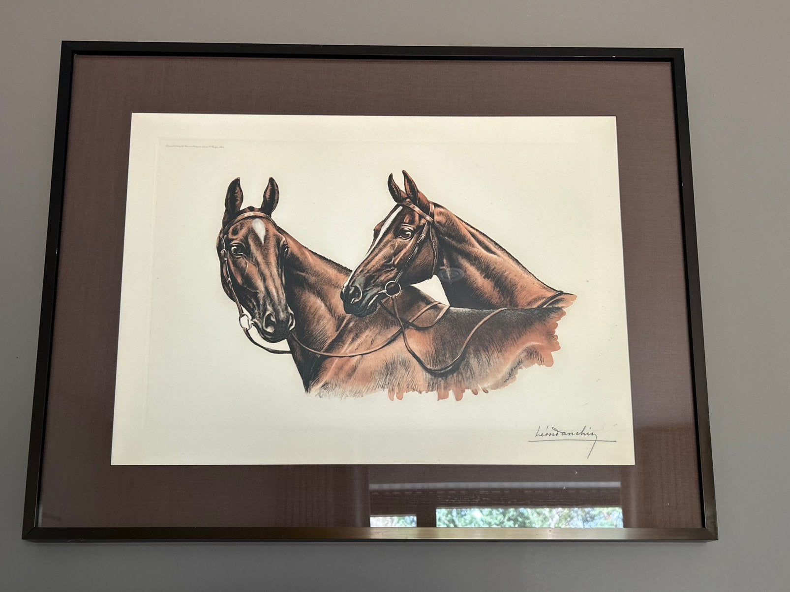 Vintage Léon Danchin,Twee paarden gesigneerde prent uit 1932, Ophalen, Prent, Gesigneerd
