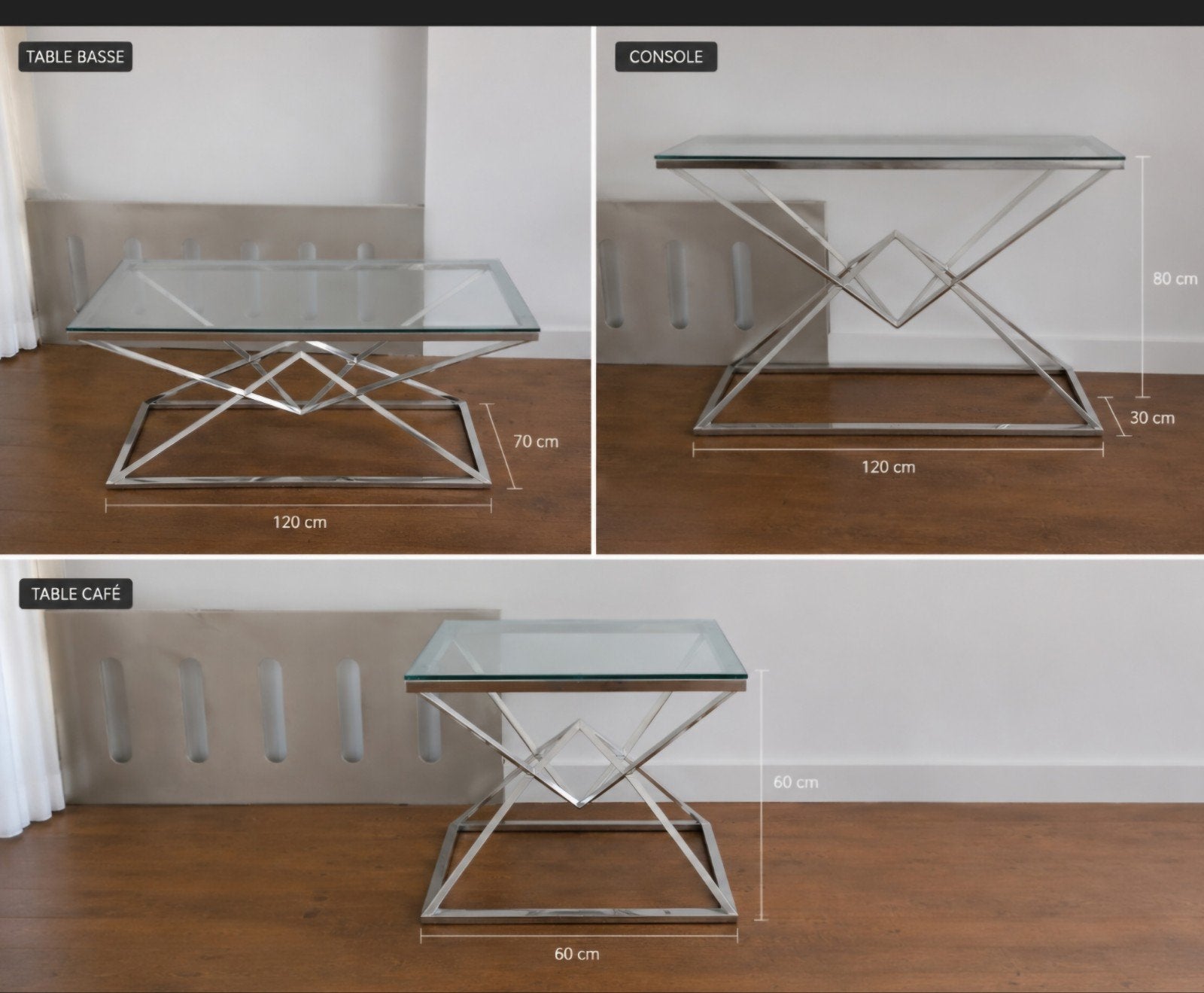 set de 3 tables (table basse, console,table de coin), Enlèvement