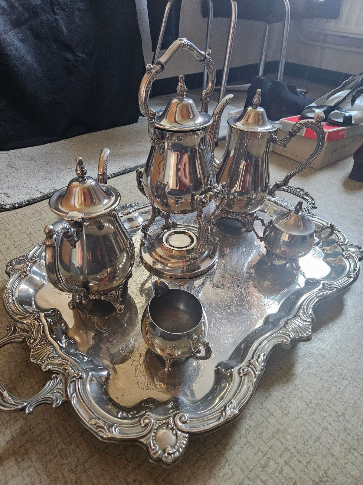 verzilverd koffie- en theeservies met bijbehorend dienstblad, Antiek en Kunst, Ophalen, Zilver