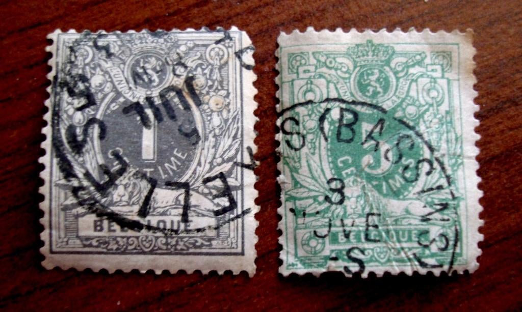2 Oude Belgische postzegels 1 en 5 cent liggende leeuw 1880, Verzenden, Frankeerzegel, Gestempeld, Gestempeld