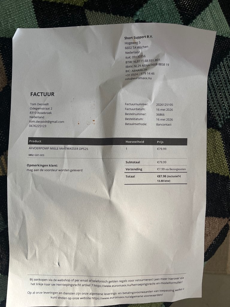 Miele afvoerpomp voor vaatwas, Enlèvement, Comme neuf