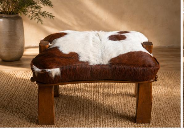 Repose- pied vintage artisanal, authentique, cuir veritable, Ophalen, Gebruikt, Hout