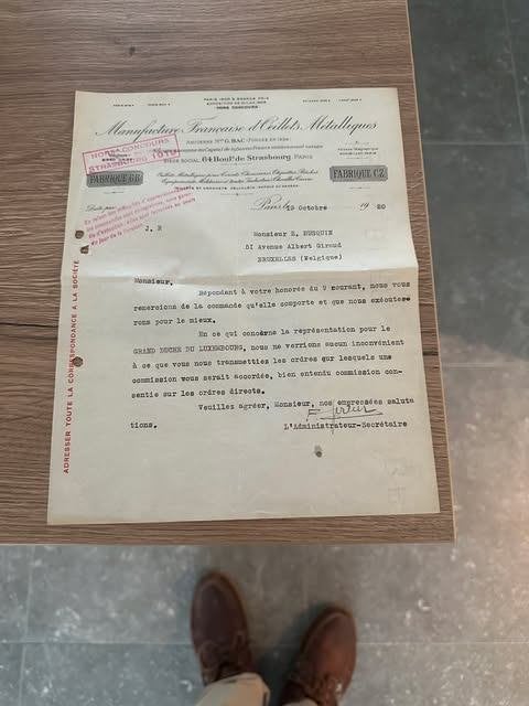 brief lettre 1920 Paris manufacture d'oeillets metalliques, Ophalen, Brief
