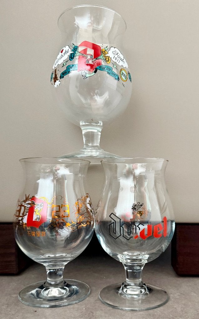 Lotje van 3 Duvel glazen, Ophalen of Verzenden, Zo goed als nieuw, Glas of Glazen, Duvel