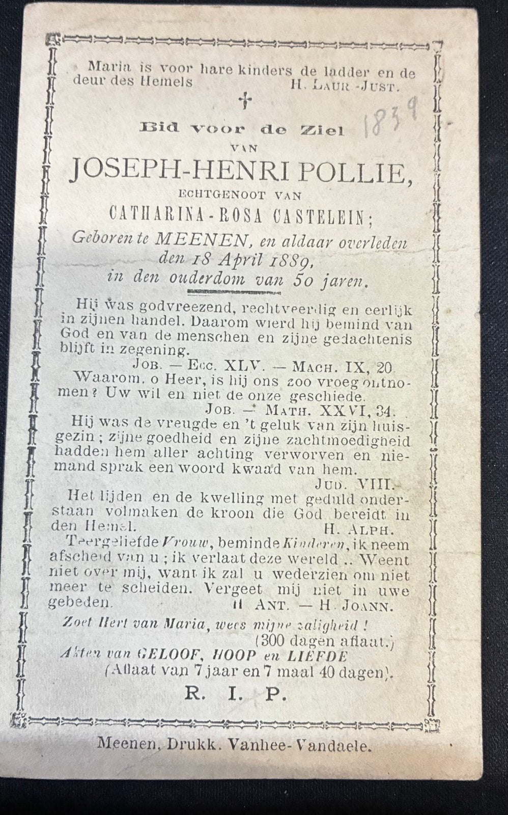 Joseph-Henri Pollie +1889, Ophalen of Verzenden, Bidprentje