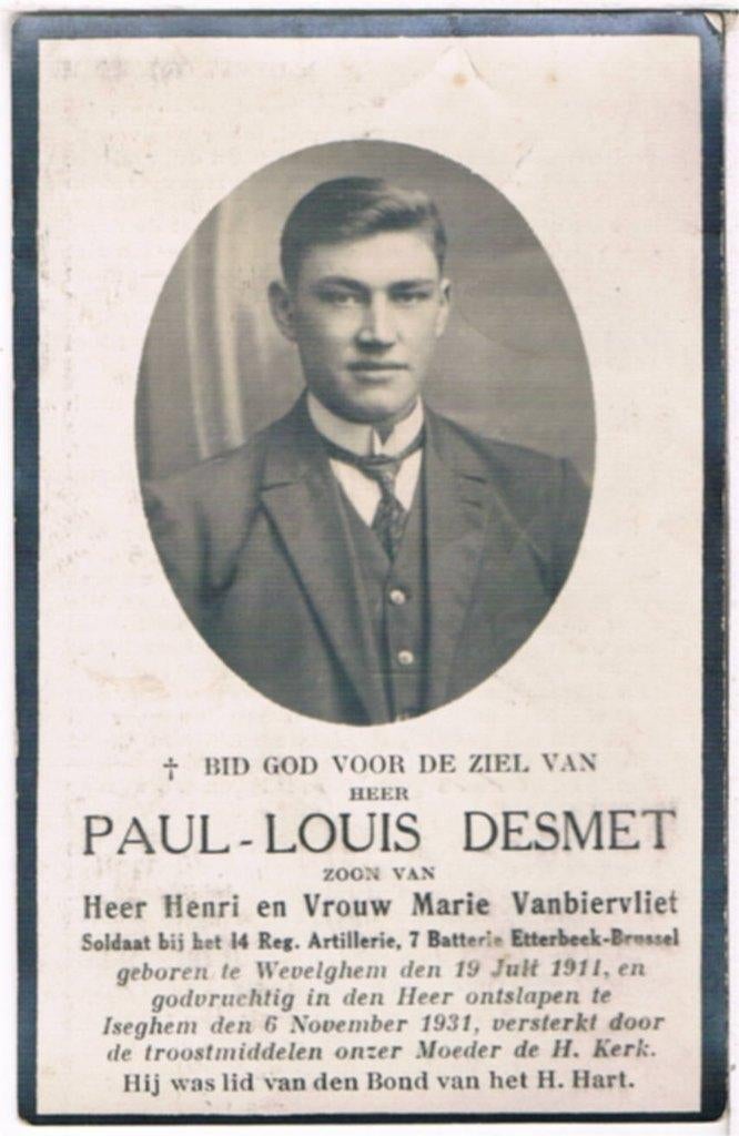 Soldaat . Desmet Paul-Louis. ° Wevelghem 1911 † Iseghem 1931, Collections, Enlèvement ou Envoi, Image pieuse