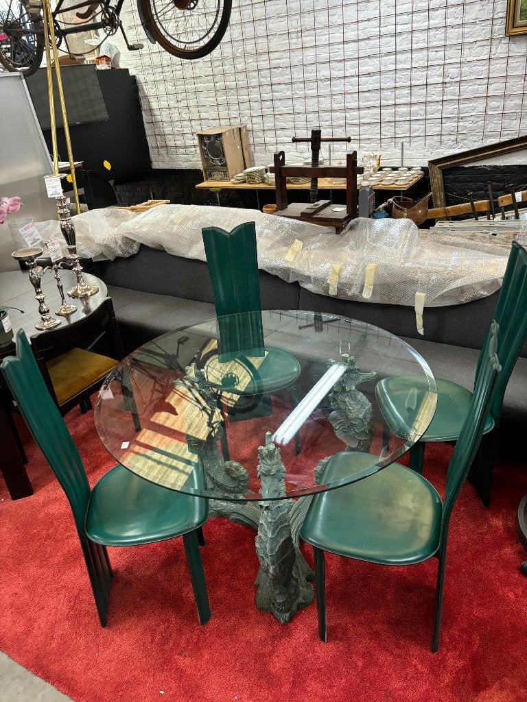 Table ronde en verre et 4 Chaises en cuir vert vintage, Maison & Meubles, Enlèvement ou Envoi, ., Verre, .