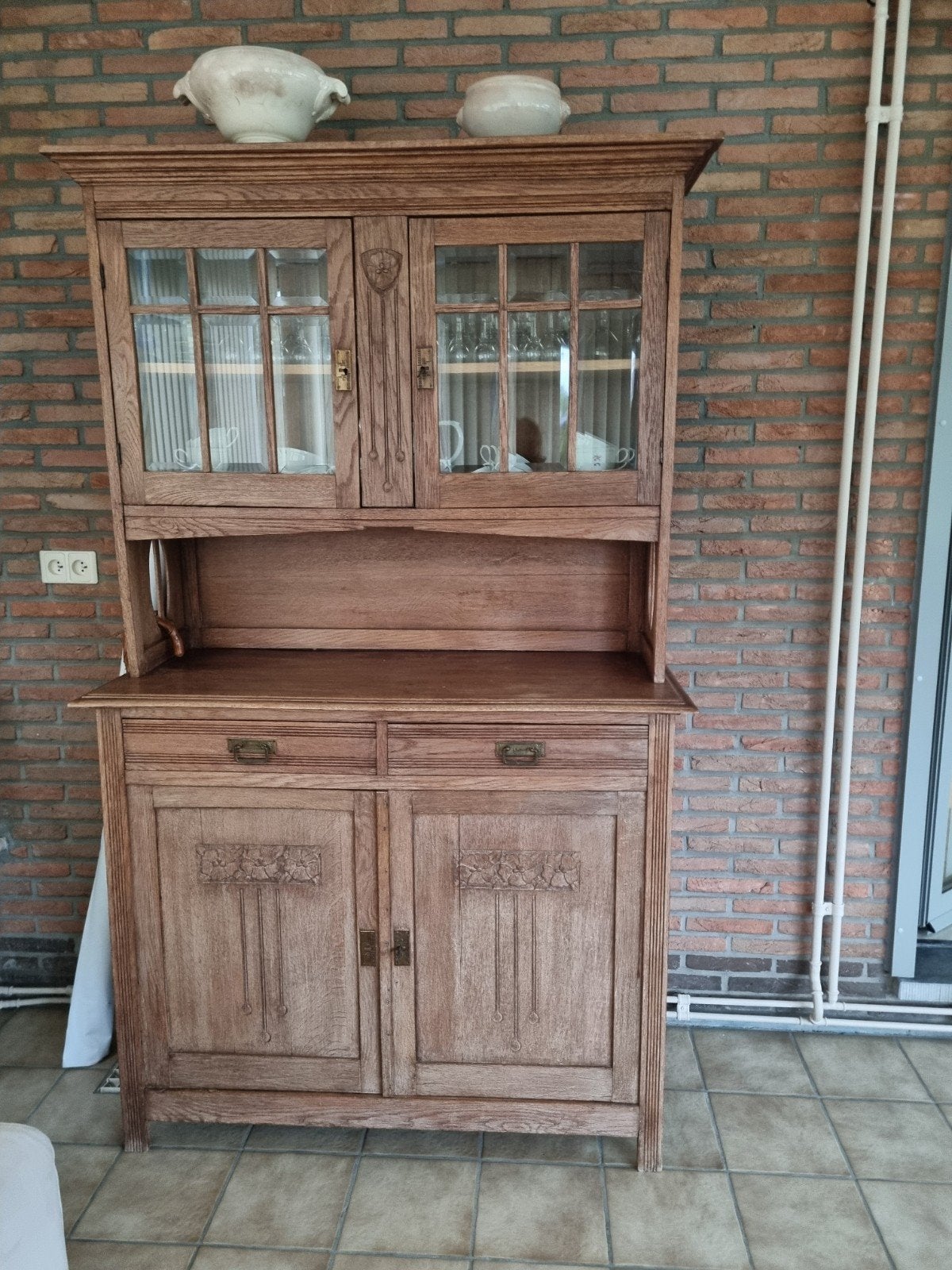 oude kast eiken   met geslepen  glas h 2mx br 1.20   d50, Enlèvement, Verre