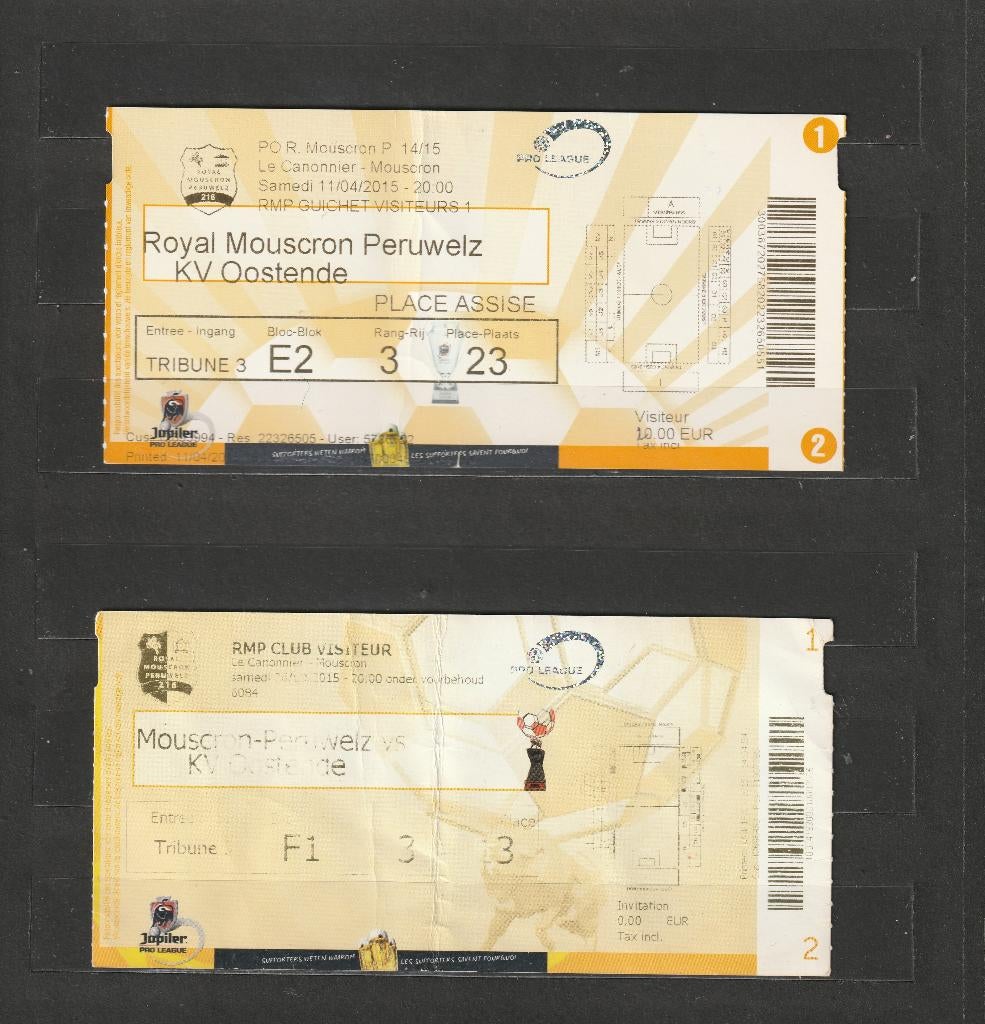 2 verschill. (gebruikte) tickets Mouscron - Oostende (2015), Collections, Articles de Sport & Football, Enlèvement ou Envoi, Utilisé