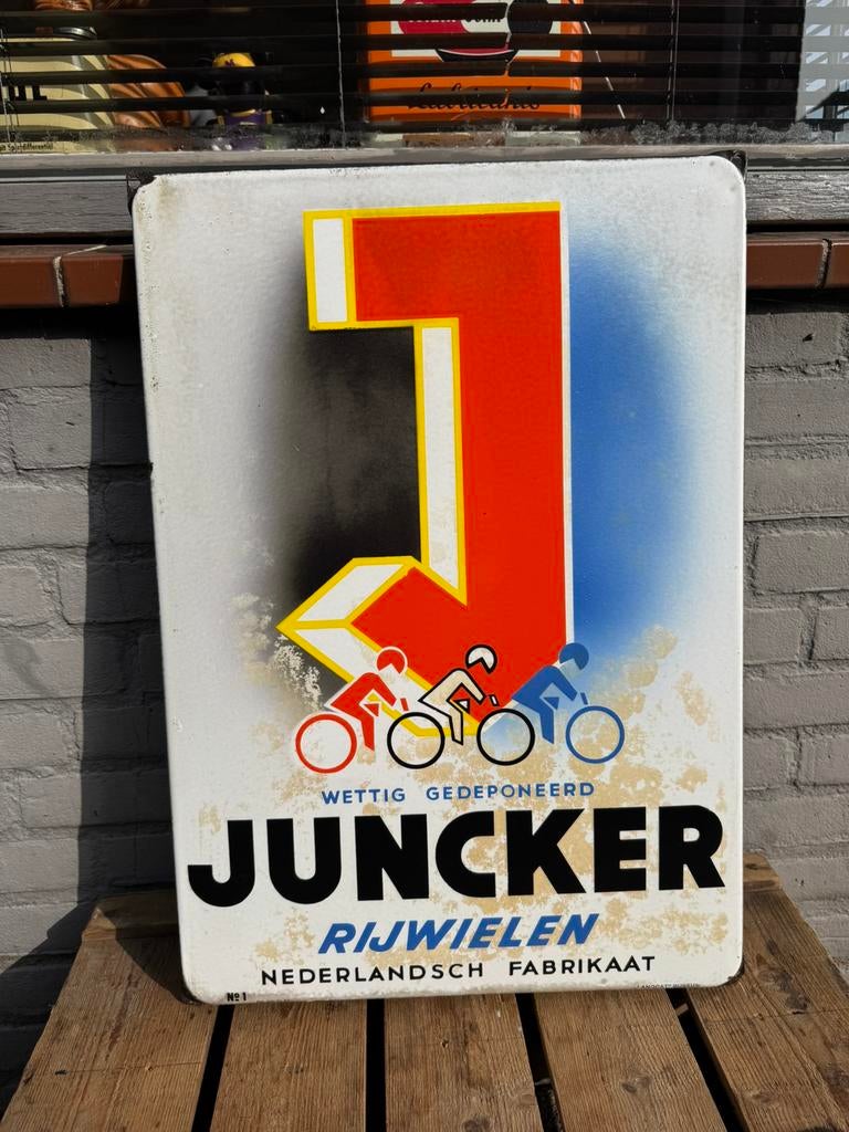 Ancien panneau d'affichage en émail pour vélos JUNCKER, Enlèvement ou Envoi, Utilisé, Panneau publicitaire