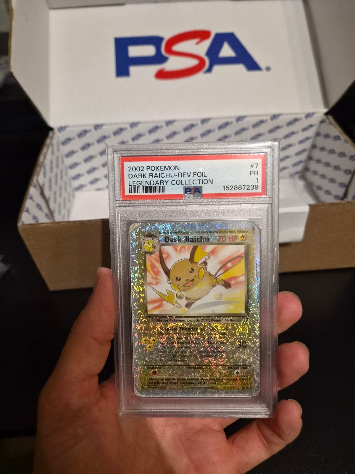 Dark Raichu PSA 1 Reverse Legendary Collection #7, Hobby en Vrije tijd, Ophalen of Verzenden, Zo goed als nieuw, Losse kaart, Foil