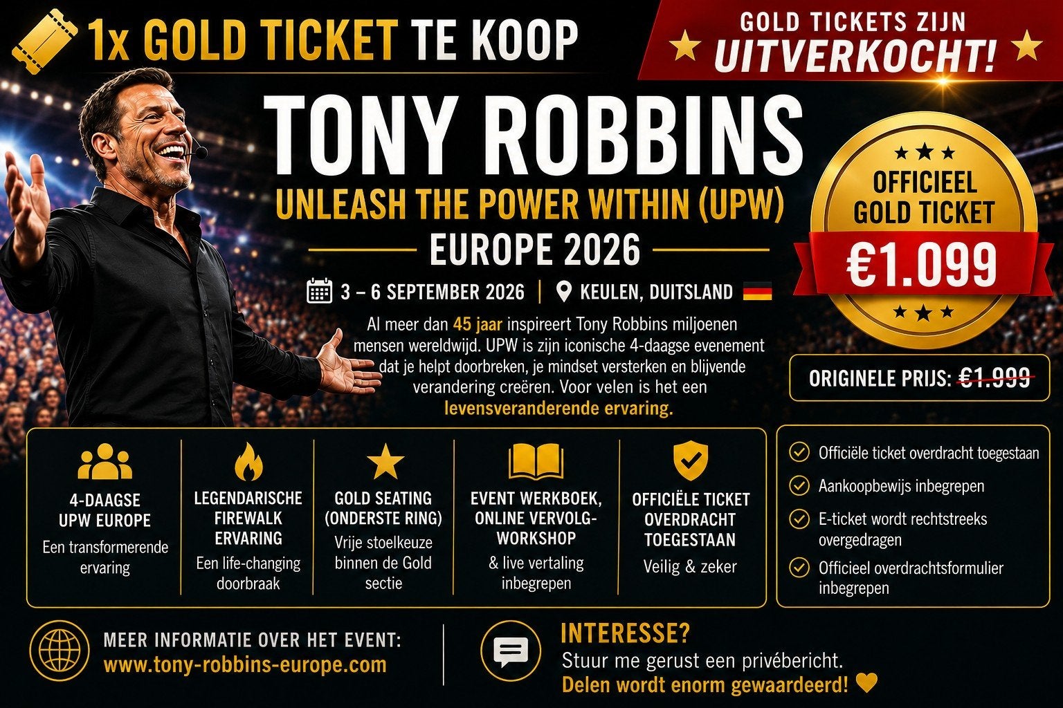 Tony Robbins UPW Keulen DE 3-6 sept 2026 – 1x Gold Ticket, Tickets en Kaartjes, Evenementen en Festivals, Eén persoon, Meerdaags