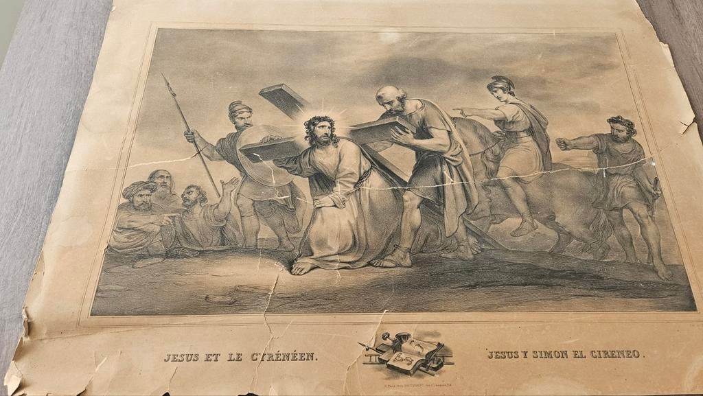 Antieke religieuze prent / lithografie – Paris Hocquart Rue, Antiek en Kunst, Ophalen, Overige thema's
