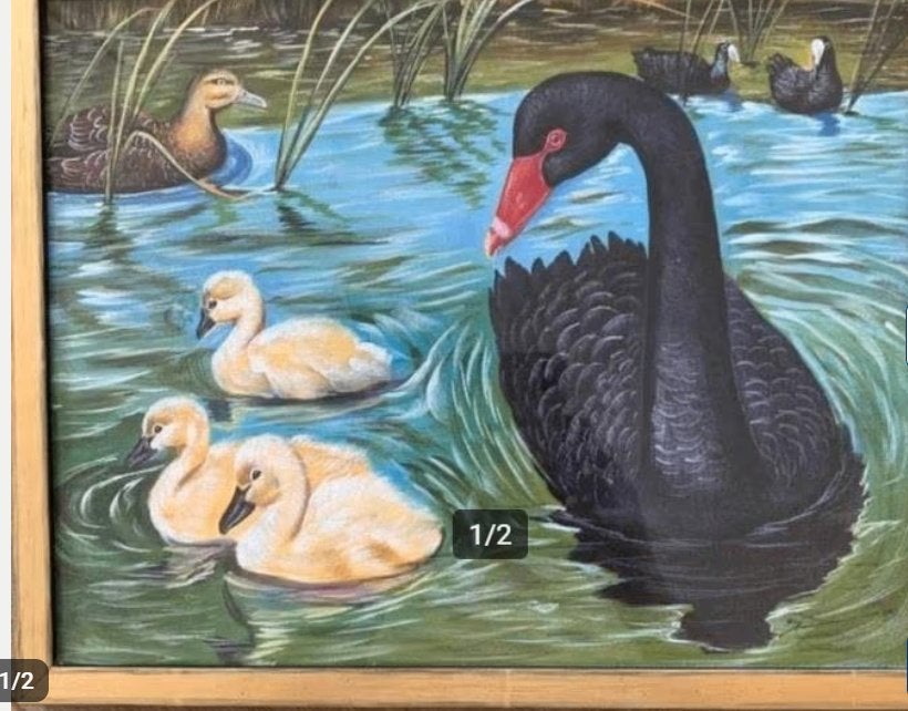 Zwarte zwaan geschilderd op zijde, Antiquités & Art, Tableau, Fait main, Enlèvement ou Envoi, 29 cm