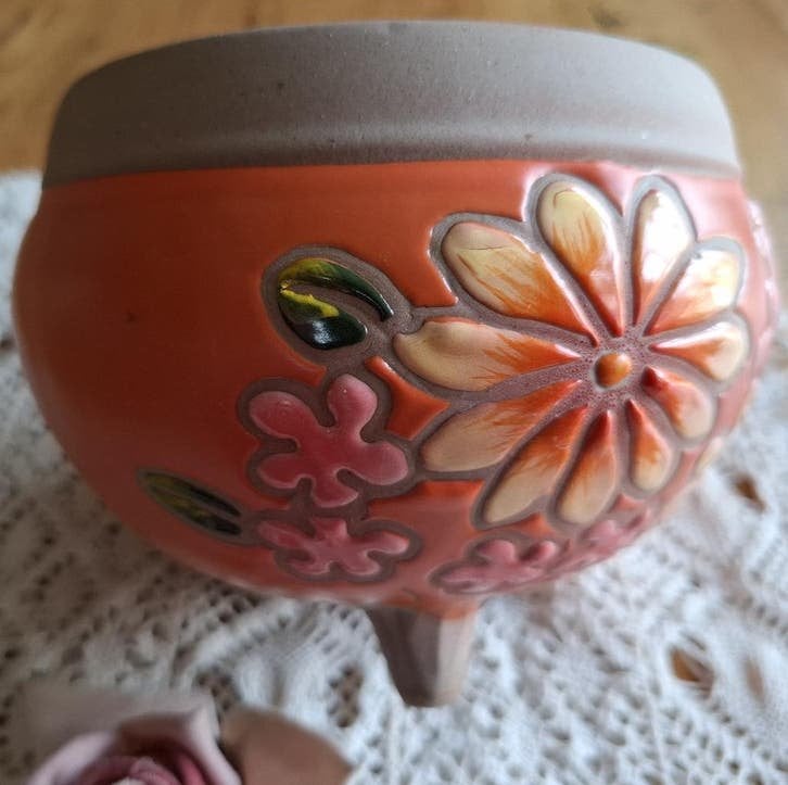 Vrolijke oranje bloempot, bloemen met 3 pootjes, Moins de 25 cm, -, Utilisé, Jardin