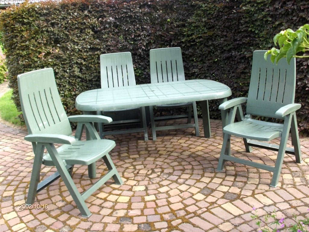 Tuinset met 4 verstelbare zetels in kunststof kleur groen, Ophalen, 4 zitplaatsen, Kunststof, Gebruikt