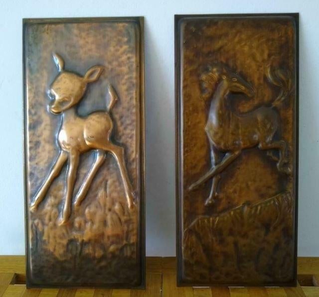 Vintage wandplaatjes, gehamerd koper, reetje en paard, Antiek en Kunst, Ophalen of Verzenden, Koper