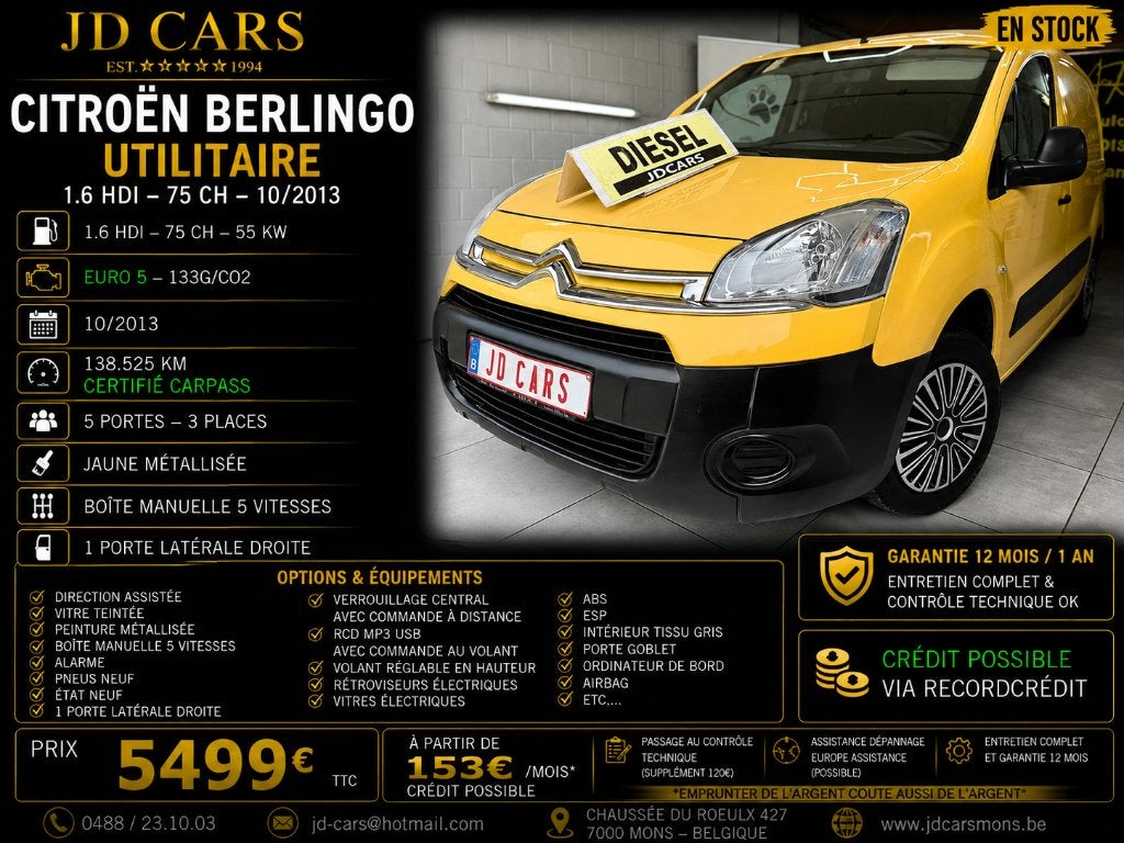 CITROËN BERLINGO 1.6 HDI UTILITAIRE ‼️GARANTIE 1 AN CTOK‼️, Euro 5, Achat, Entreprise, Boîte manuelle