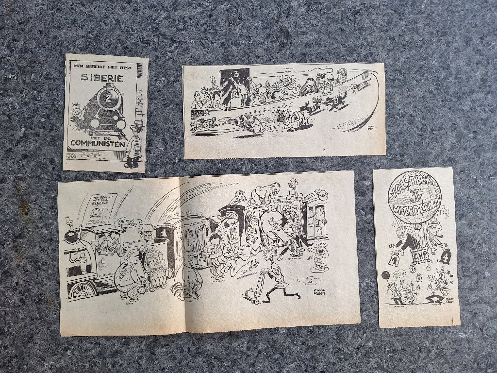 Marc Sleen 4x  Cartoons Verkiezingen 1949, Verzamelen, Stripfiguren, Ophalen of Verzenden, Overige figuren, Gebruikt, Overige typen