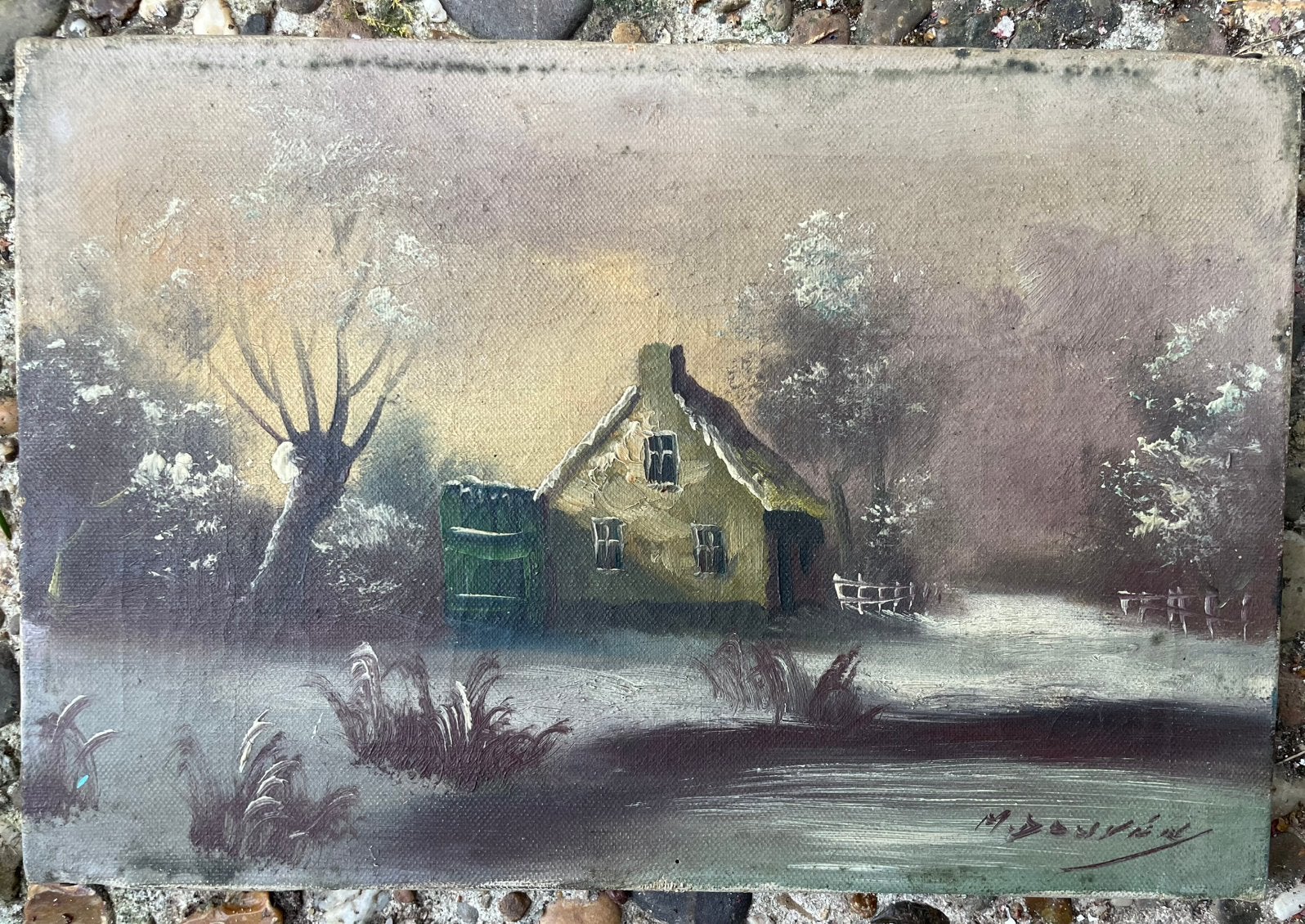 Peinture à l'huile sur toile avec un paysage, Antiquités & Art, Enlèvement ou Envoi, Peinture à l'huile, Paysage, Signé