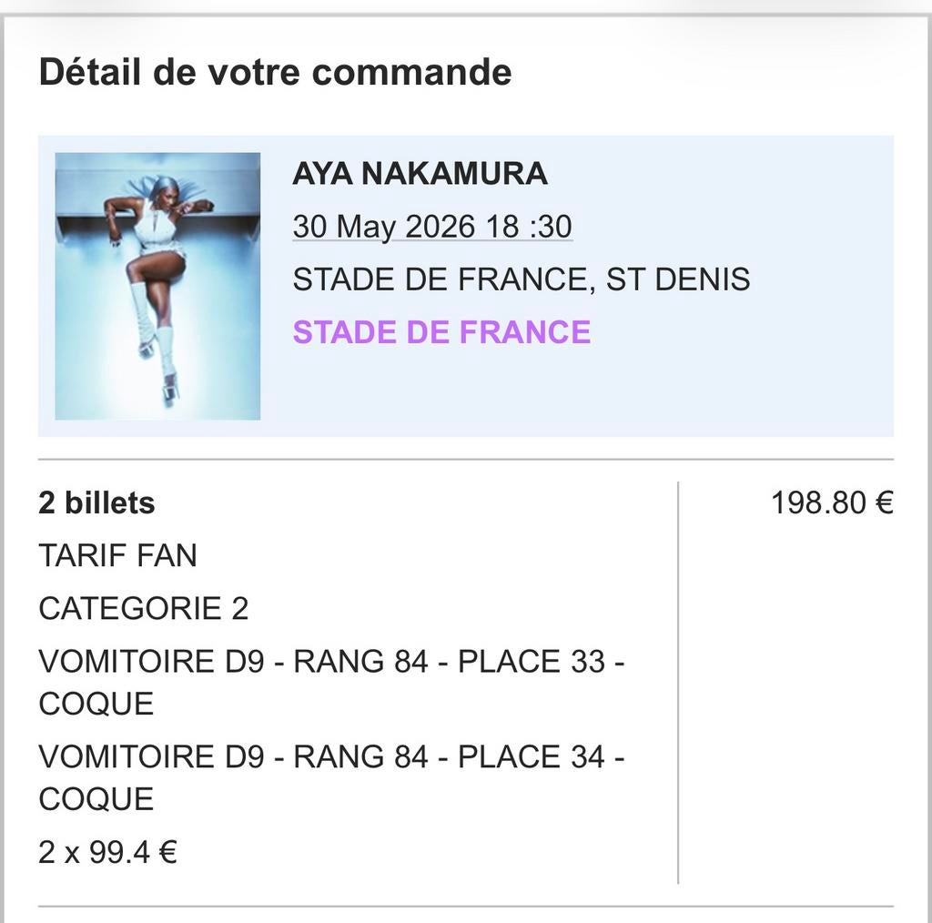 Tickets Aya Nakamura SDF 30/05, Mai