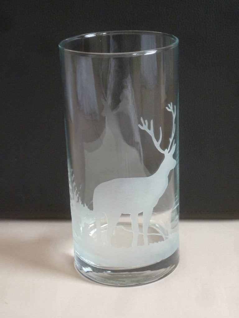 Vaas met Gegraveerd Hert en Landschap, 26 cm, Comme neuf, Verre, Transparent
