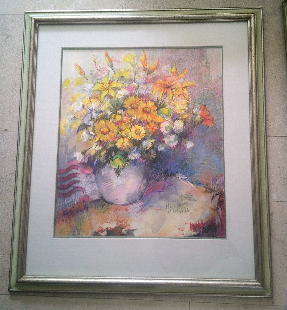 Multitude de fleurs dans un vase - Jan v.d Hurk (1917-2000), Enlèvement, Peint à la main, Papier, Fleurs