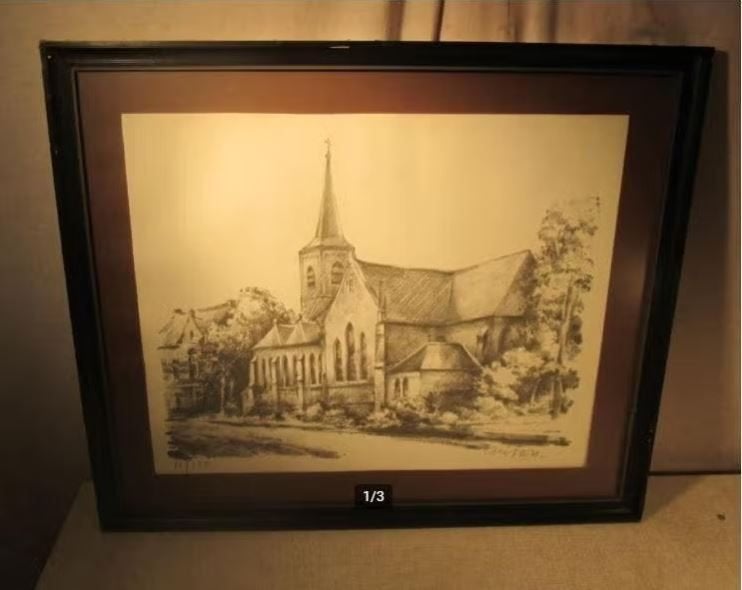 Belle lithographie « Vieille église du village » - Anton, Enlèvement ou Envoi