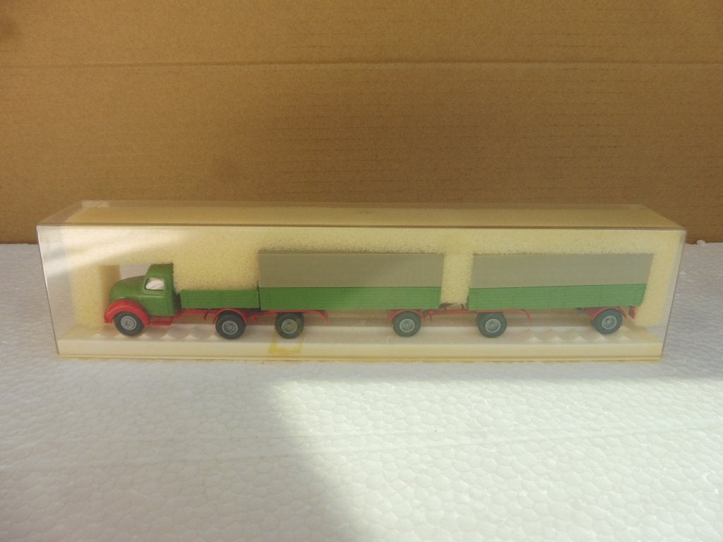 1:87 Brekina Magirus Merkur met 2 aanhangers groen/grijs, Hobby en Vrije tijd, Ophalen of Verzenden, Zo goed als nieuw, Bus of Vrachtwagen