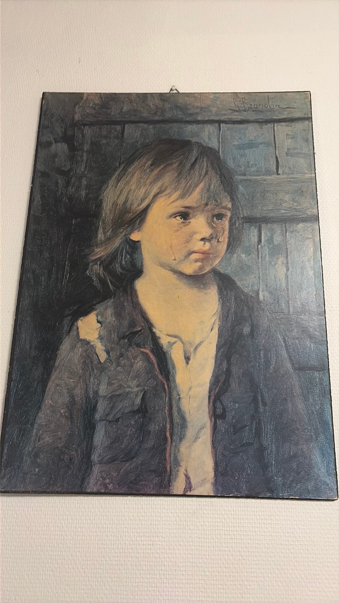 2 schilderijen van huilende kinderen – Wanddecoratie, Antiek en Kunst, Ophalen, Papier/karton, Handgeschilderd, Portret