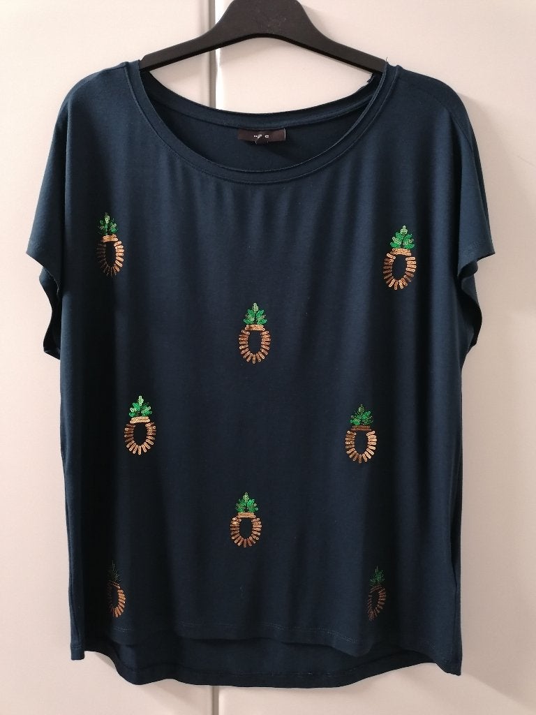 Donkerblauw T-shirt met printen in kleine pailletten, M, Enlèvement ou Envoi, Neuf