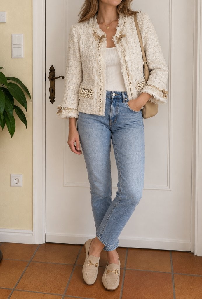 Rinascimento 2nd Star luxe tweed jasje maat 36/38, Kleding | Dames, Maat 38/40 (M), Rinascimento , Beige, Ophalen of Verzenden