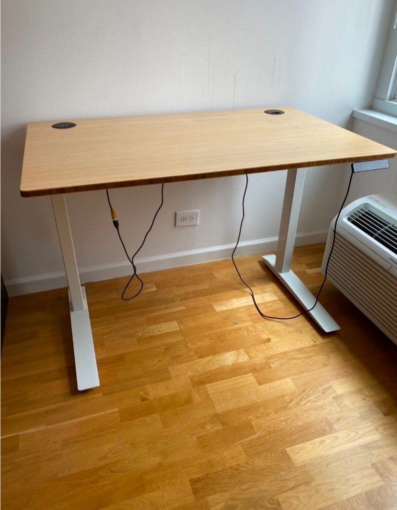 Elektrische zit sta bureau 180x80cm bamboe topblad, Ophalen, Zit-sta bureau, In hoogte verstelbaar, Zo goed als nieuw